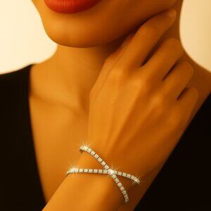 Swarovski Cuff Crystal Bracelet – Sterling Silver Overlay Double Row Sparkly